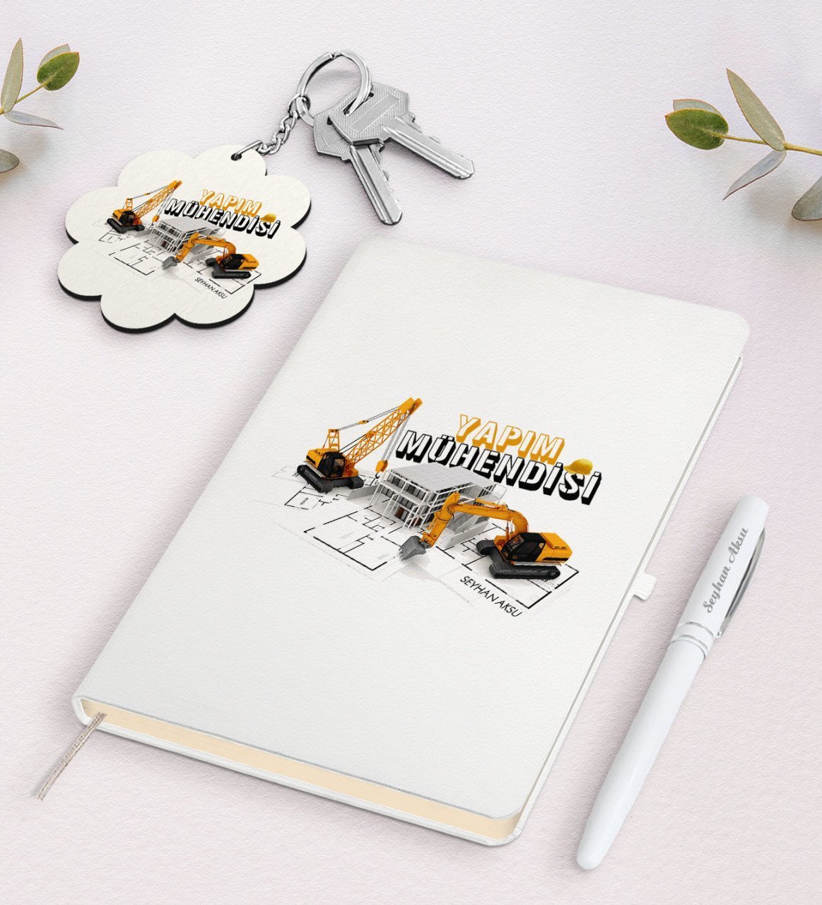 Kişiye Özel Yapım Mühendisi Beyaz Defter Kalem ve Anahtarlık Hediye Seti-1