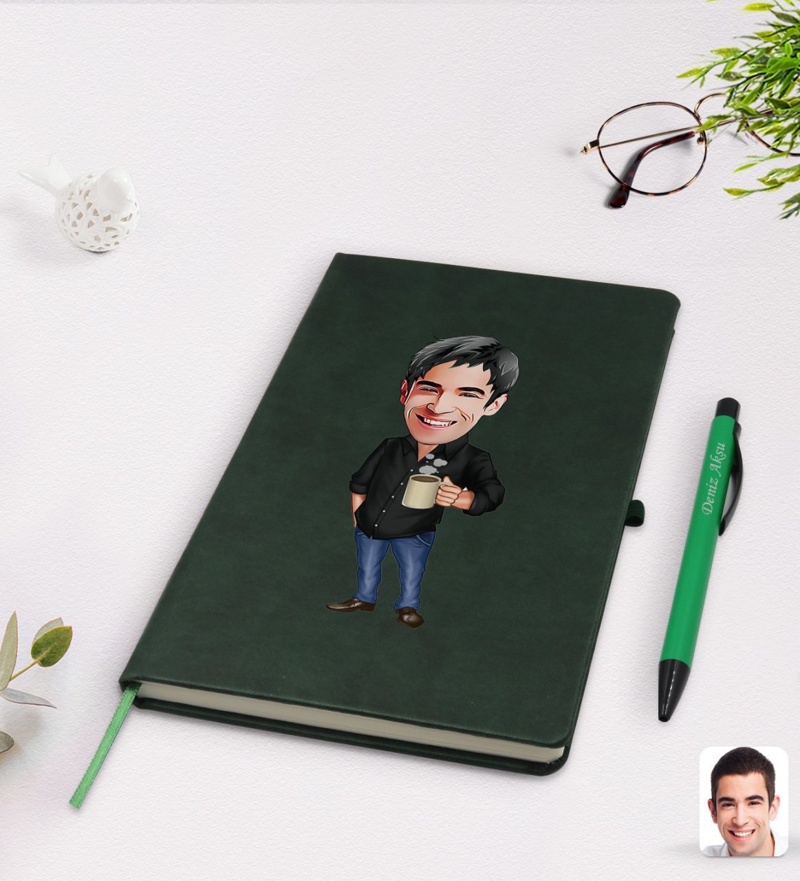 Kişiye Özel Erkek Karikatürlü Yeşil Termo Deri Defter Kalem Seti Model 82