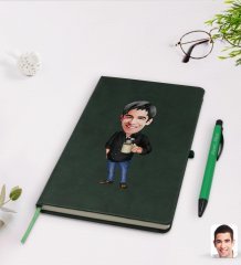 Kişiye Özel Erkek Karikatürlü Yeşil Termo Deri Defter Kalem Seti Model 82