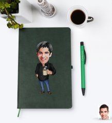Kişiye Özel Erkek Karikatürlü Yeşil Termo Deri Defter Kalem Seti Model 82