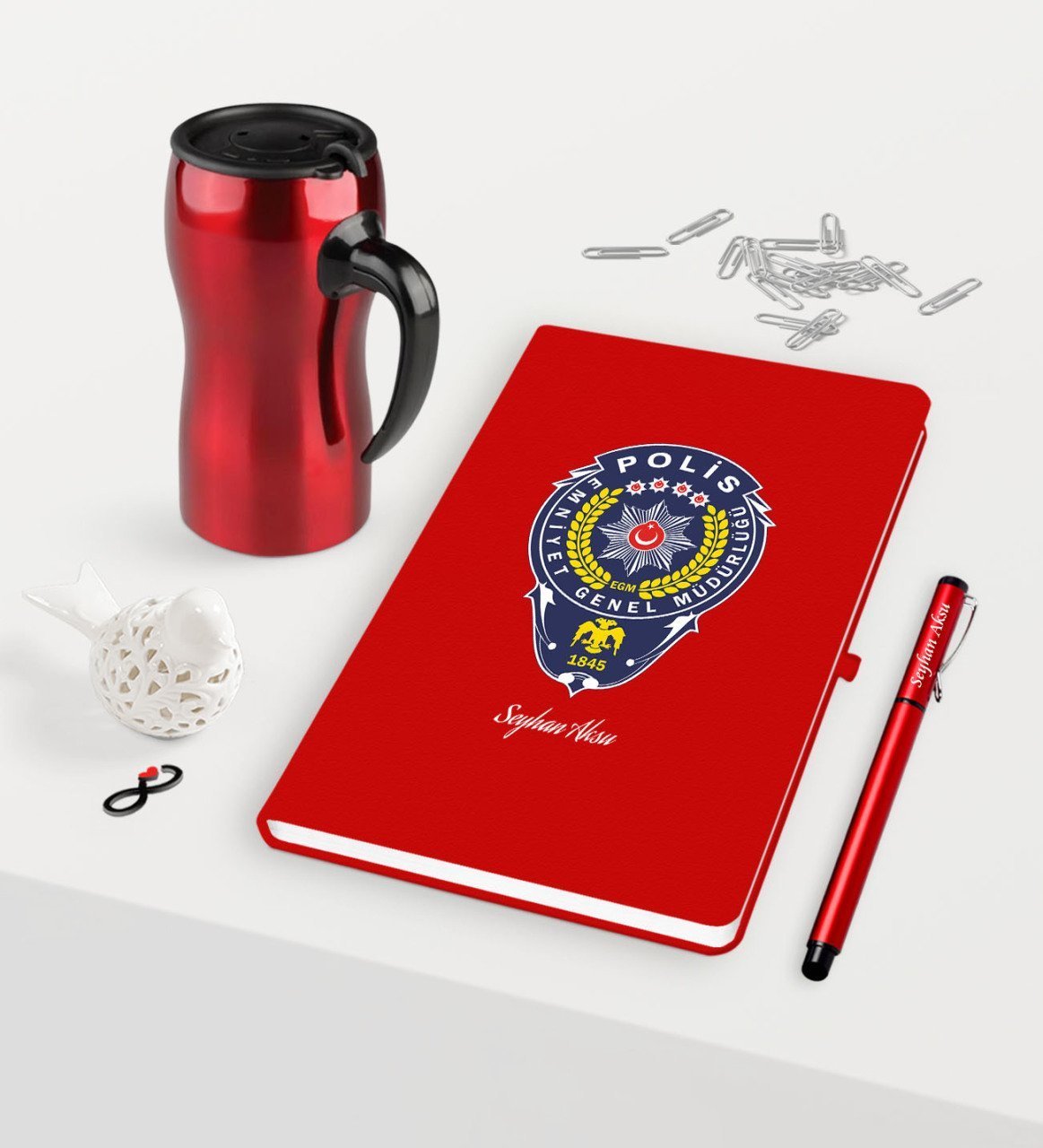 Kişiye Özel Polis Temalı Kırmızı Defter Kalem Termos Mug Seti - 2