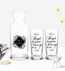 Kişiye Özel Renkli Baskılı Hayal Kuruyorum Yıkarız Dimi Tasarımlı İkili Rakı Bardağı ve Karaf Hediye Seti-1