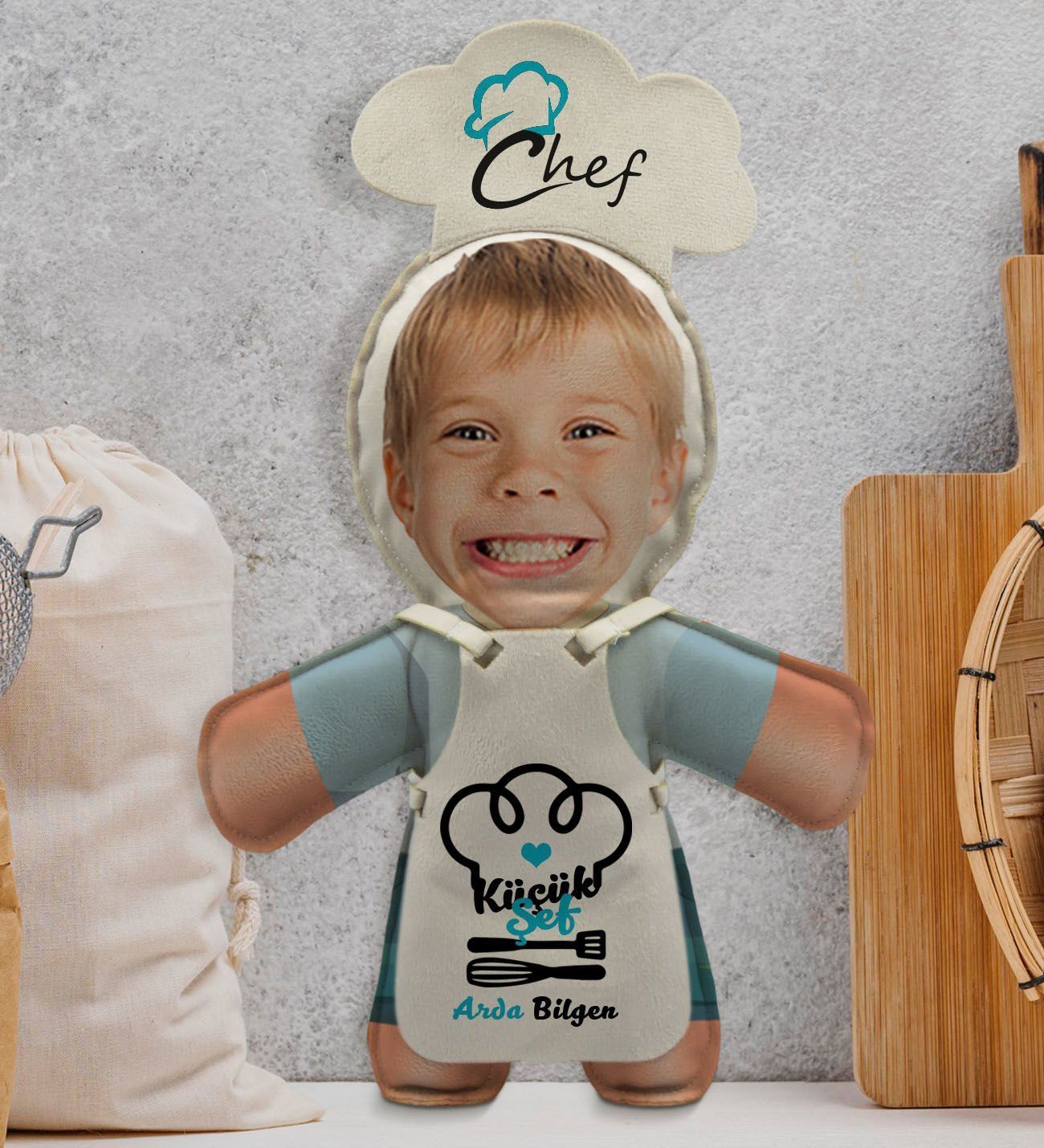BK Gift Kişiye Özel Fotoğraflı Erkek Çocuk Chef Bebek Yastık-3