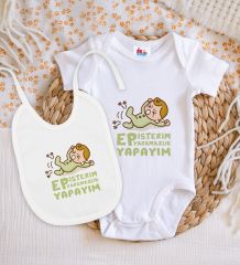 BK Kids Ep İsterim Tasarımlı Beyaz Bebek Body Zıbın ve Mama Önlüğü Hediye Seti-2
