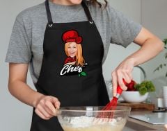 BK Gift Kişiye Özel Kadın Chef Karikatürlü Profesyonel Siyah Mutfak Önlüğü, Aşçı Önlüğü, Şef Önlüğü, Arkadaşa Hediye-3