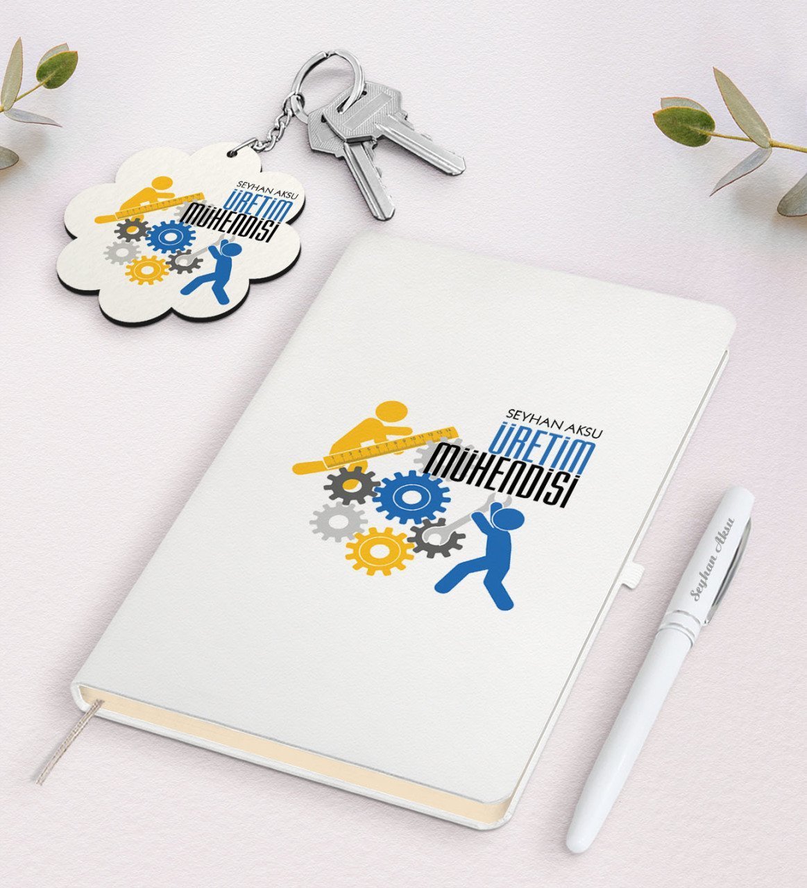 Kişiye Özel Üretim Mühendisi Beyaz Defter Kalem ve Anahtarlık Hediye Seti-2