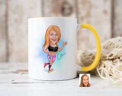 Bk Gift Kişiye Özel Kadın Koşucu Karikatürlü Sarı Kupa Bardak-2, Sevgiliye Hediye, Arkadaşa Hediye