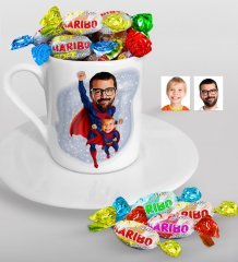 Kişiye Özel Süper Baba-Çocuk Karikatürlü Türk Kahvesi Fincanı ve Haribo Şeker Hediye Seti