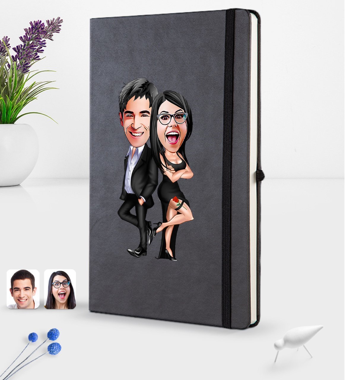 Kişiye Özel Sevgililer Karikatürlü Siyah Termo Deri Defter 16x24cm Model 6