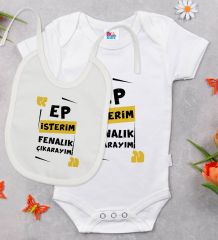 BK Kids Ep İsterim Tasarımlı Beyaz Bebek Body Zıbın ve Mama Önlüğü Hediye Seti-1