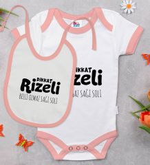 BK Kids Dikkat Rizeli Tasarımlı Pembe Bebek Body Zıbın ve Mama Önlüğü Hediye Seti-1