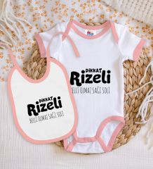 BK Kids Dikkat Rizeli Tasarımlı Pembe Bebek Body Zıbın ve Mama Önlüğü Hediye Seti-1