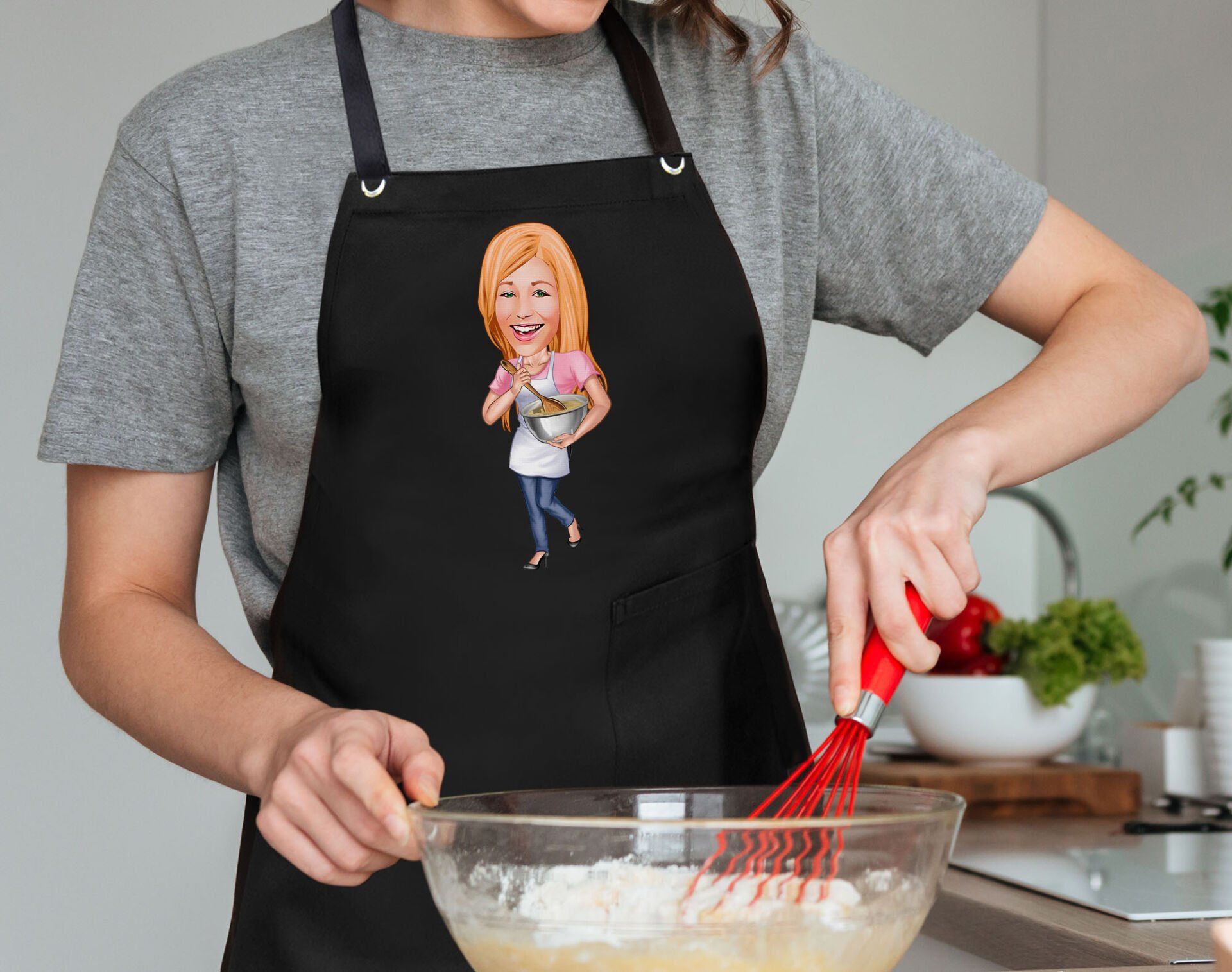 BK Gift Kişiye Özel Kadın Chef Karikatürlü Profesyonel Siyah Mutfak Önlüğü, Aşçı Önlüğü, Şef Önlüğü, Arkadaşa Hediye-2