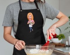 BK Gift Kişiye Özel Kadın Chef Karikatürlü Profesyonel Siyah Mutfak Önlüğü, Aşçı Önlüğü, Şef Önlüğü, Arkadaşa Hediye-2