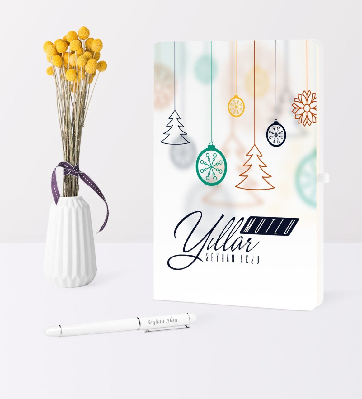 Kişiye Özel Yılbaşı Mutlu Yıllar Temalı Beyaz Defter Kalem Seti - 15