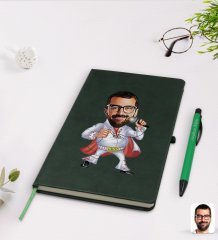 Kişiye Özel Elvis Presley Karikatürlü Yeşil Termo Deri Defter Kalem Seti Model 1