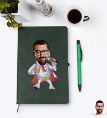 Kişiye Özel Elvis Presley Karikatürlü Yeşil Termo Deri Defter Kalem Seti Model 1