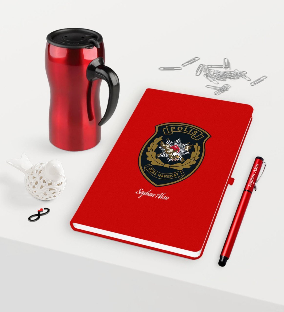 Kişiye Özel Polis Özel Harekat Temalı Kırmızı Defter Kalem Termos Mug Seti