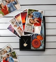 BK Gift Kişiye Özel 10 adet Fotoğraf Baskısı, İsimli Papatya Kolye ve Mini Kabak Taş Objeli Mum Hediye Seti, Sevgiliye Hediye, Yıl Dönümü Hediyesi