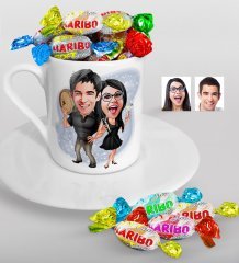 Kişiye Özel Sevgililer Karikatürlü Türk Kahvesi Fincanı ve Haribo Şeker Hediye Seti-18