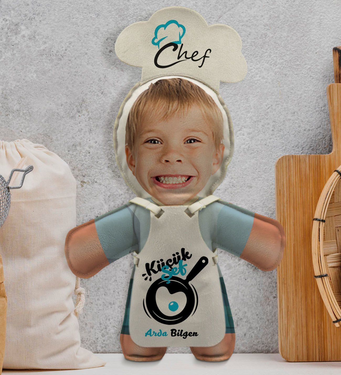 BK Gift Kişiye Özel Fotoğraflı Erkek Çocuk Chef Bebek Yastık-1