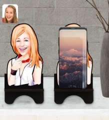 Kişiye Özel Kadın Karikatürlü Ahşap Biblo Telefon Standı-35