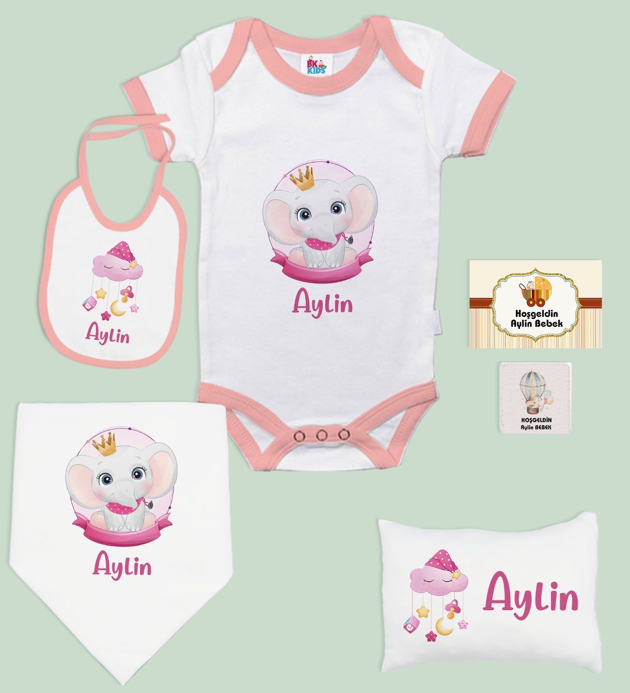 BK Kids Kişiye Özel İsimli 6 Parça Pembe Bebek Body Zıbın Battaniye ve Yastık Hediye Seti, Yeni Doğan Bebek Giyim Hediyesi-3
