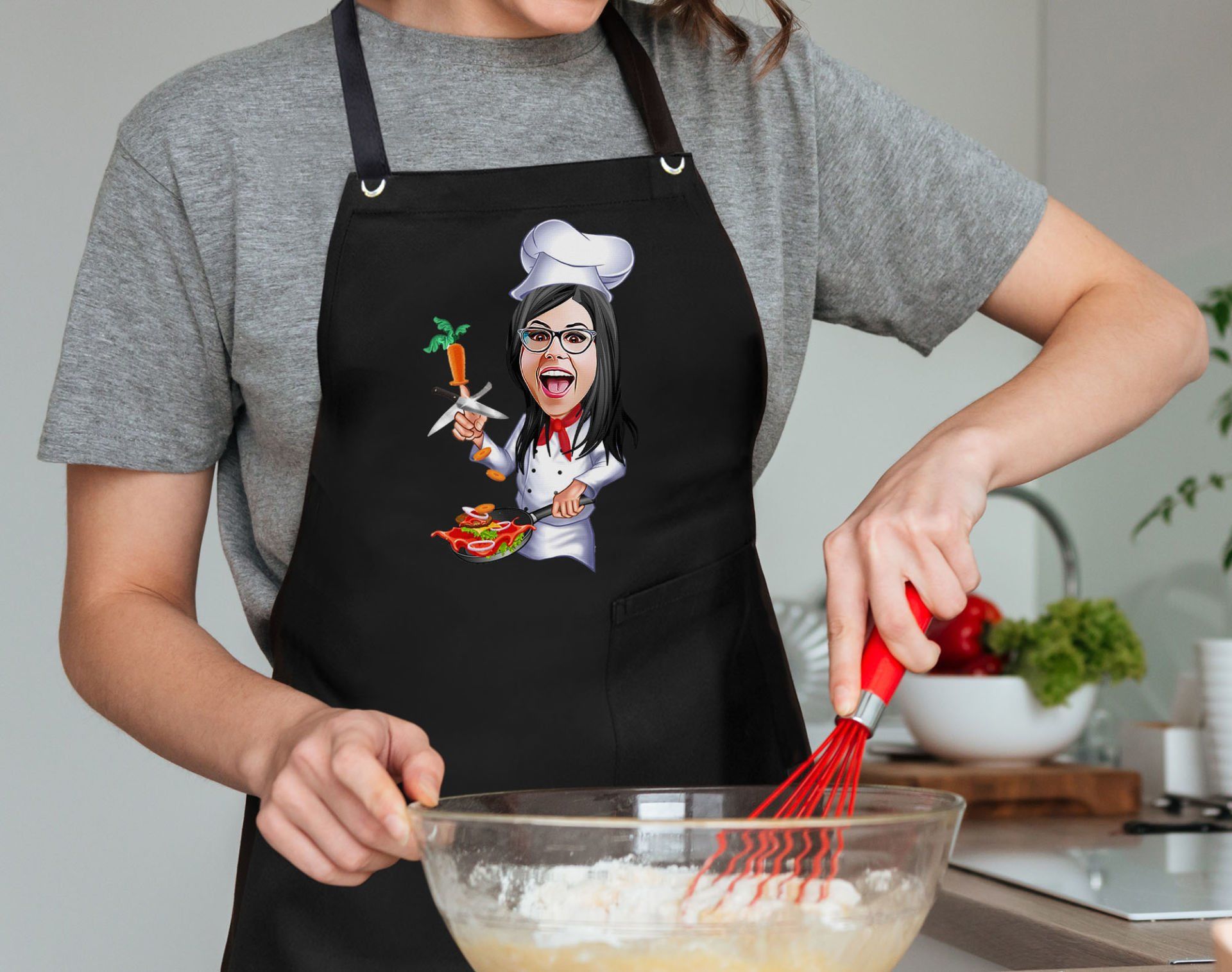 BK Gift Kişiye Özel Kadın Chef Karikatürlü Profesyonel Siyah Mutfak Önlüğü, Aşçı Önlüğü, Şef Önlüğü, Arkadaşa Hediye-1