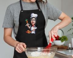 BK Gift Kişiye Özel Kadın Chef Karikatürlü Profesyonel Siyah Mutfak Önlüğü, Aşçı Önlüğü, Şef Önlüğü, Arkadaşa Hediye-1
