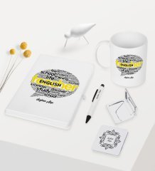 Kişiye Özel İngilizce Öğretmeni Temalı Beyaz Defter Kalem Kupa Ayna Seti - 4