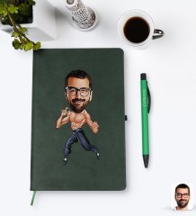 Kişiye Özel Bruce Lee Karikatürlü Yeşil Termo Deri Defter Kalem Seti Model 1