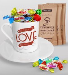 Kişiye Özel Sevgililer Günü Türk Kahvesi Fincanı Mehmet Efendi Kahve ve Haribo Şeker Hediye Seti-115