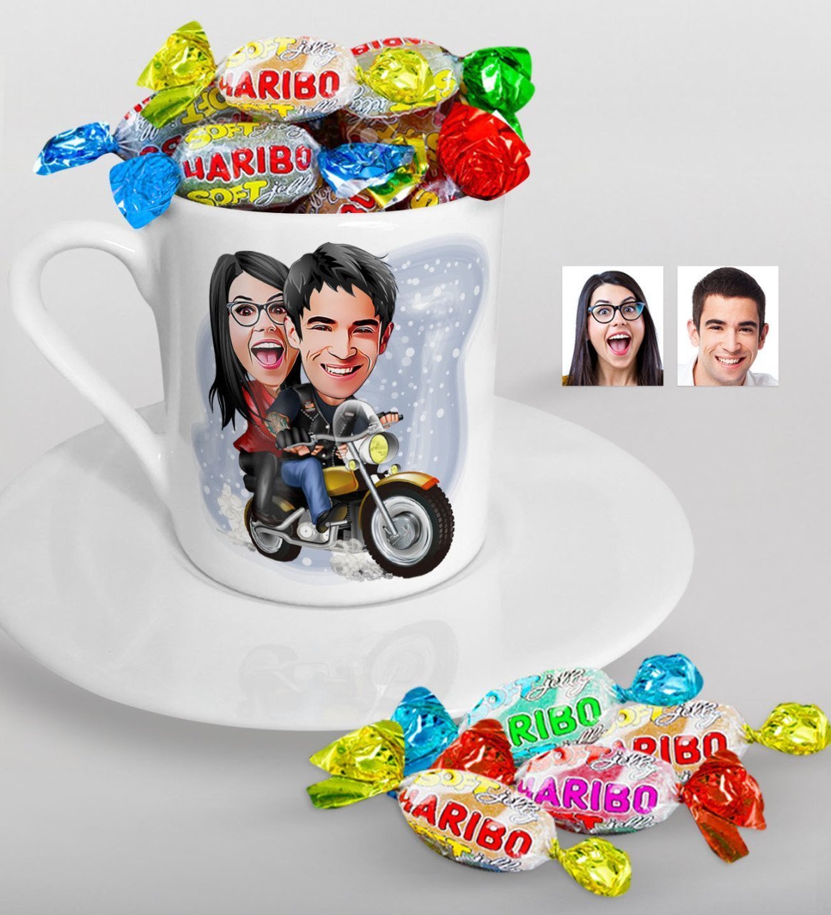 Kişiye Özel Sevgililer Karikatürlü Türk Kahvesi Fincanı ve Haribo Şeker Hediye Seti-17