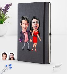 Kişiye Özel Sevgililer Karikatürlü Siyah Termo Deri Defter 16x24cm Model 4