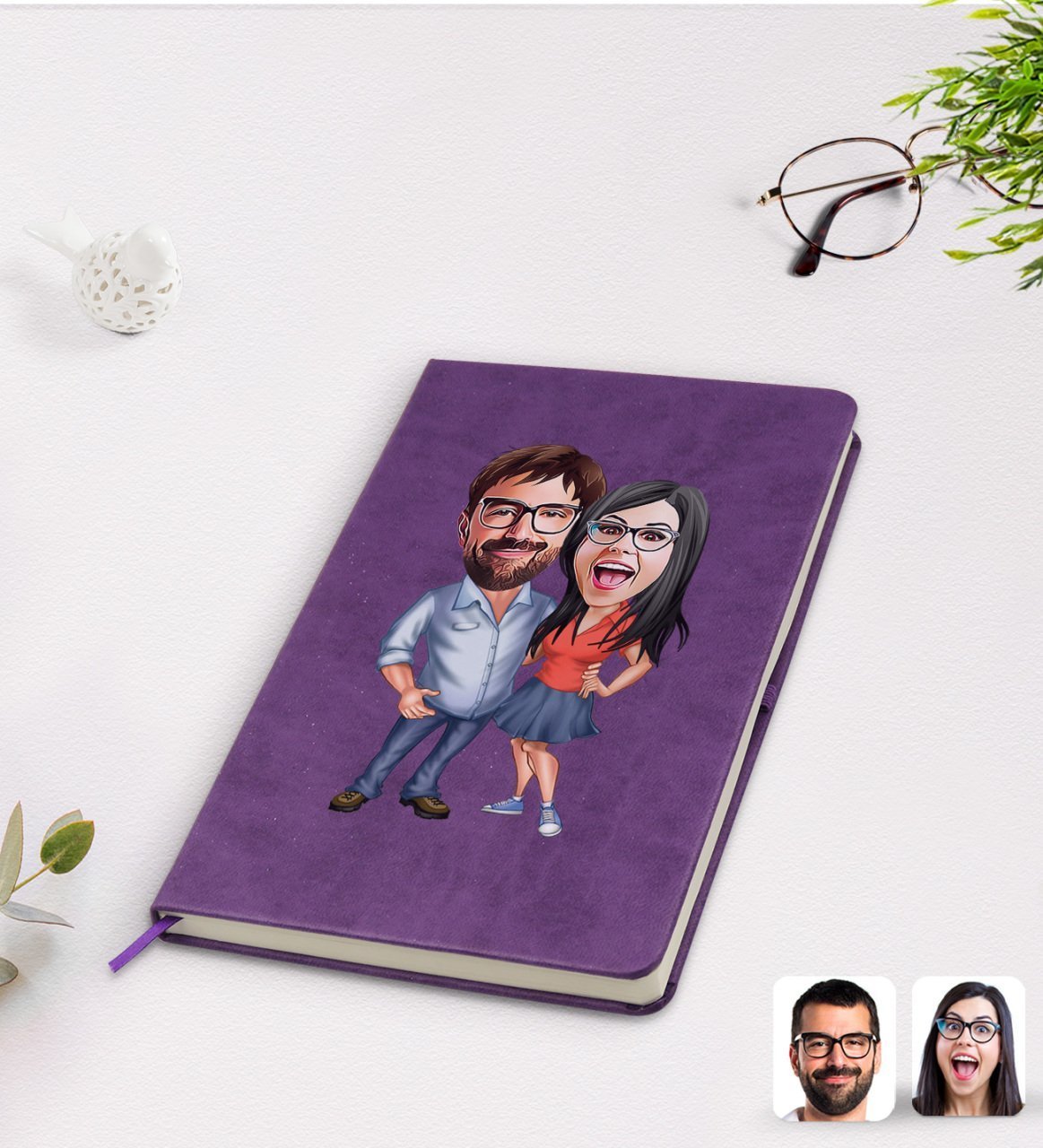 Kişiye Özel Sevgililer Karikatürlü Mor Termo Deri Defter Model 105