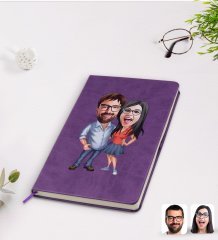 Kişiye Özel Sevgililer Karikatürlü Mor Termo Deri Defter Model 105