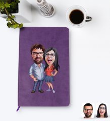 Kişiye Özel Sevgililer Karikatürlü Mor Termo Deri Defter Model 105