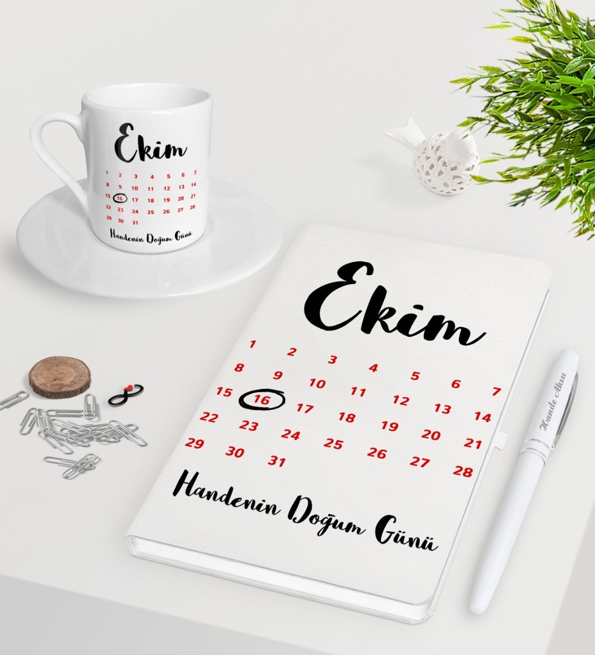 Kişiye Özel Doğum Günü Takvim Beyaz Defter Kalem Türk Kahvesi Fincanı Seti-2