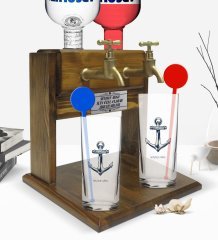 Kişiye Özel Renkli Baskılı Çapa Figürlü İkili Vodka Bardağı ve Çift Musluklu Doğal Ahşap Vodka Standı-1
