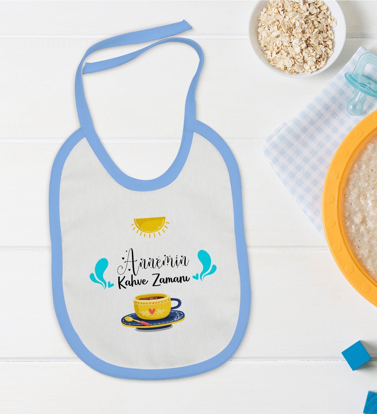 BK Kids Annemin Kahve Zamanı Tasarımlı Mavi Bebek Mama Önlüğü