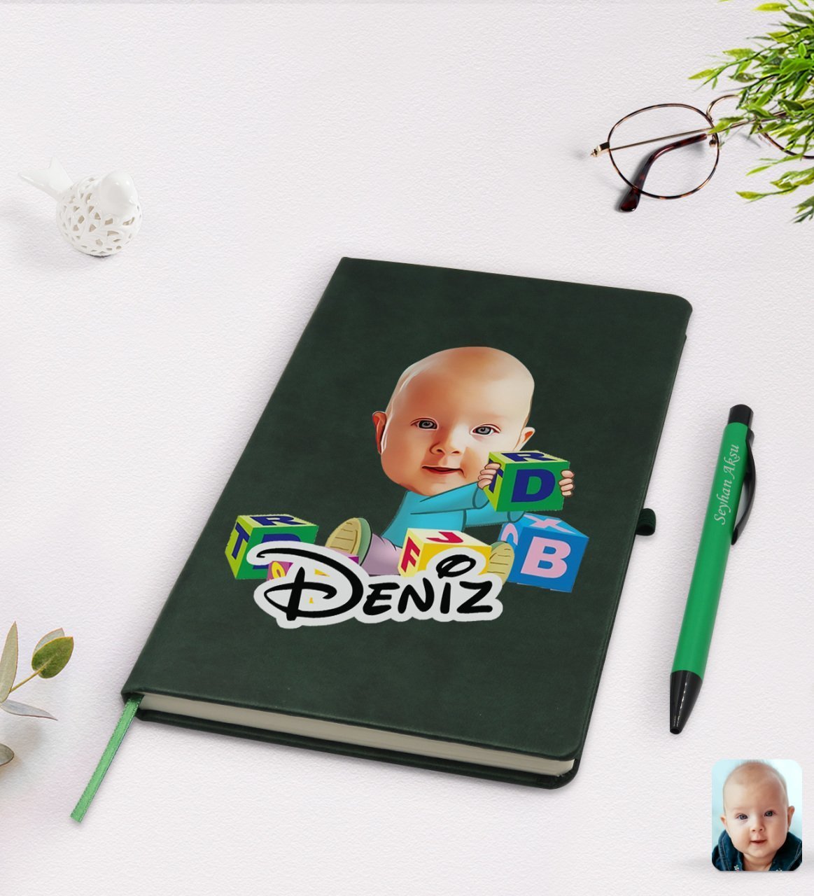 Kişiye Özel Bebek Karikatürlü Yeşil Termo Deri Defter Kalem Seti Model 5
