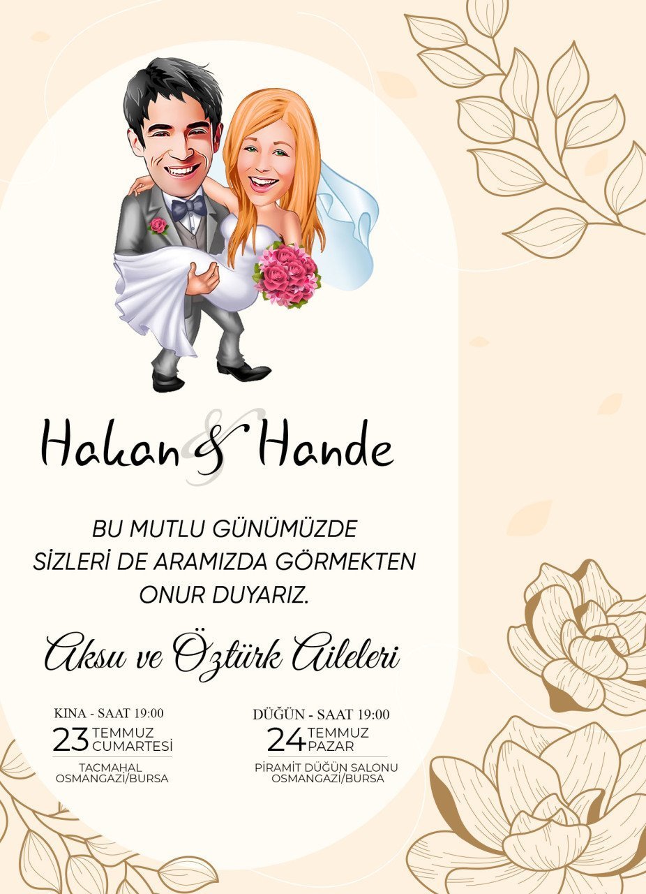 Kişiye Özel Karikatürlü Bitmeyen Düğün Davetiyesi Model 60