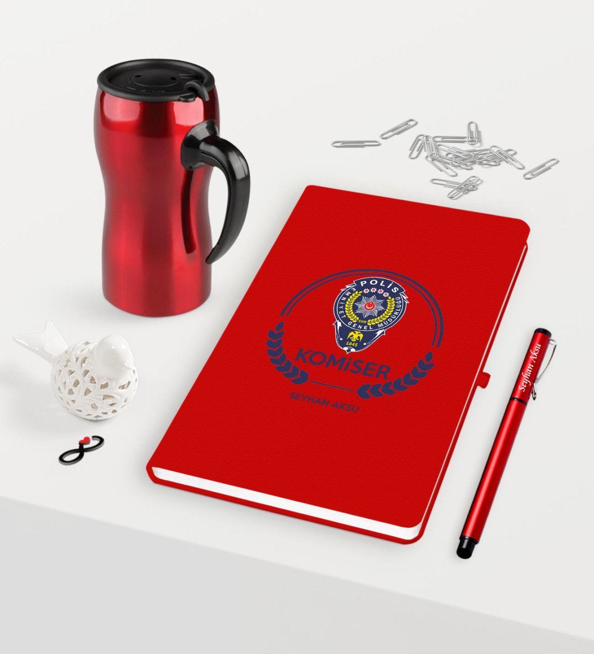 Kişiye Özel Komiser Temalı Kırmızı Defter Kalem Termos Mug Seti - 2