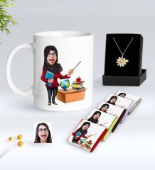 Kişiye Özel Bayan Öğretmen Karikatürlü Beyaz Kupa Çikolata ve İsimli Papatya Kolye Hediye Seti-7