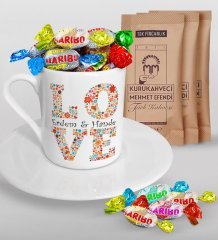 Kişiye Özel Sevgililer Günü Türk Kahvesi Fincanı Mehmet Efendi Kahve ve Haribo Şeker Hediye Seti-114