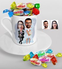 Kişiye Özel Sevgililer Karikatürlü Türk Kahvesi Fincanı ve Haribo Şeker Hediye Seti-16