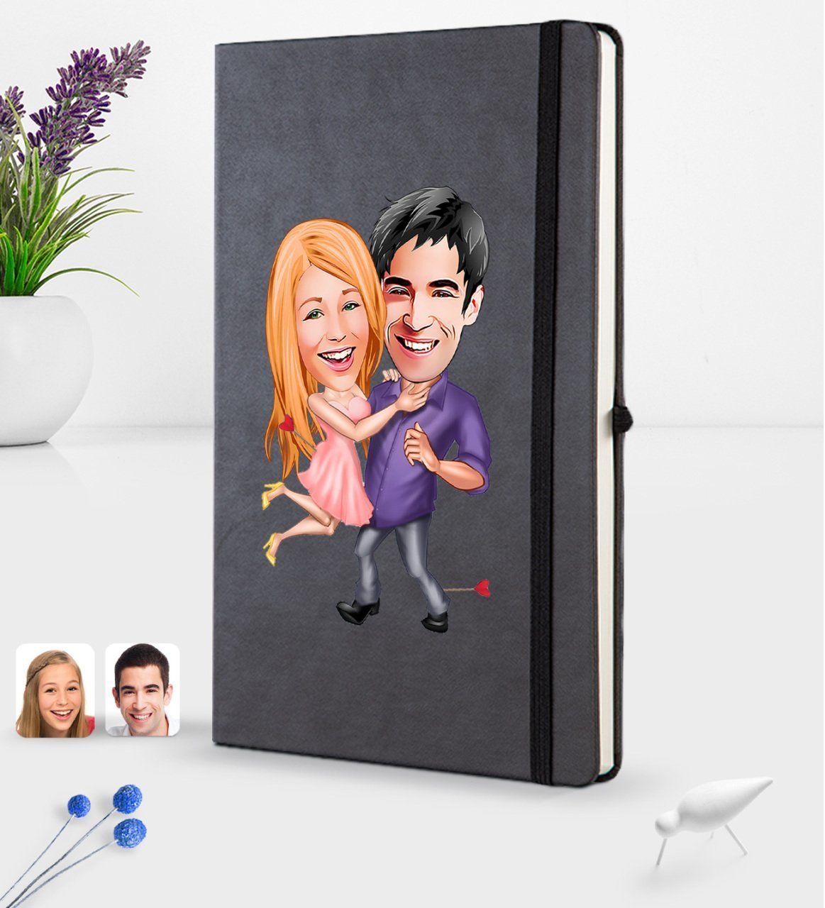 Kişiye Özel Sevgililer Karikatürlü Siyah Termo Deri Defter 16x24cm Model 3