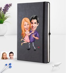 Kişiye Özel Sevgililer Karikatürlü Siyah Termo Deri Defter 16x24cm Model 3