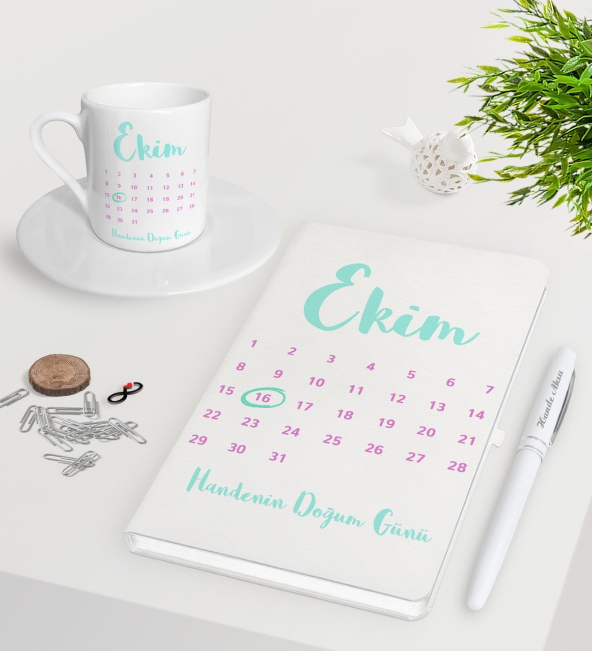 Kişiye Özel Doğum Günü Takvim Beyaz Defter Kalem Türk Kahvesi Fincanı Seti-1