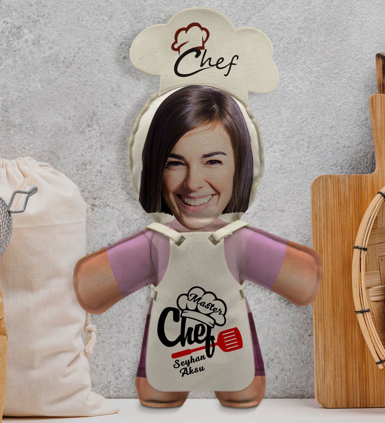 BK Gift Kişiye Özel Fotoğraflı Kadın Chef Bebek Yastık-2